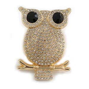 Crystal Owl Magnetic Scarves/ Shawls/ Ponchos Brooch In Gold Tone - 55mm Tall - Picture 1 of 6