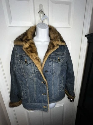 Vtg Marvin Richards Small Faux Mink Fur Lined Denim Jean Jacket Button Down S - Image 1 of 4
