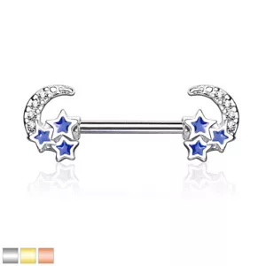 CZ Paved Crescent Moon And Blue Star Nipple Bar With 316L Surgical Steel Barbell - Picture 1 of 4