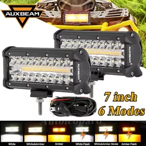 AUXBEAM 2X 7"inch LED Work Light Bar White Amber Strobe Driving Pods+Switch Wire - Picture 1 of 12
