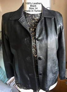WOMENS FULLY LINED LEATHER JACKET ~ SIZE 14 ~ BLACK ~2 FRONT POCKETS ~ TUNISIAN - Picture 1 of 12
