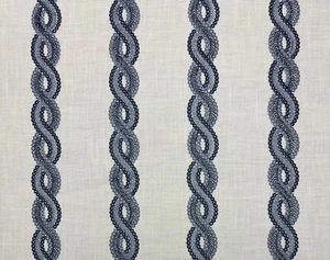 BALLARD DESIGNS BASSIANO BLUE IVORY EMBROIDERED VINE STRIPE FABRIC BY YARD 55"W - Picture 1 of 6