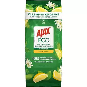 Ajax Eco Antibacterial Disinfectant Surface Cleaning Wipes Fresh Lemon 110 Pack - Picture 1 of 5