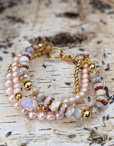 Pink Opaline, Pink Frost, Natural Pearls & Glass In 3-Strand GP Bracelet - Picture 1 of 5