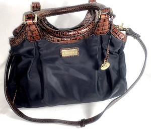 Brahmin Black Nylon Tote Satchel Bag Brown Faux Croc Trim Shoulder Strap Elisa - Picture 1 of 19