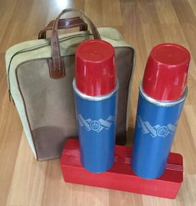 OLD VTG KEAPSIT VACUUM BOTTLE POLLY RED TOP 24-F THERMOS CARRY CASE PICNIC SET - Picture 1 of 11