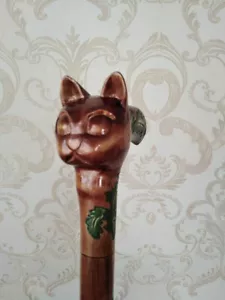 Wooden Hand Carved Cat Walking Cane Walking Stick Cane Cat Head Handle Best Gift - Picture 1 of 10