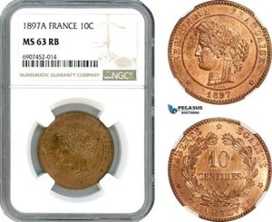 AK140, France, Third Republic, 10 Centimes 1897 A, Paris Mint, NGC MS63RB - Picture 1 of 1