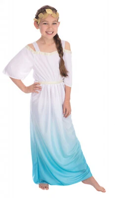 Greek Roman Ancient Egyptian White Blue Toga Girls Kids Fancy Dress Costume 4-14 - Image 1 of 4