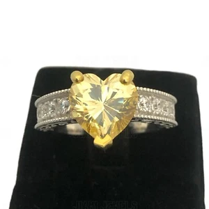 Canary Yellow Heart Shaped Simulated Diamond Ring 14k White Gold Silver Art Deco - Picture 1 of 12