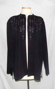 Chaqueta elegante de mujer Misook tejida negra con diseño de estrás en cascada frente abierto 2X - Imagen 1 de 5
