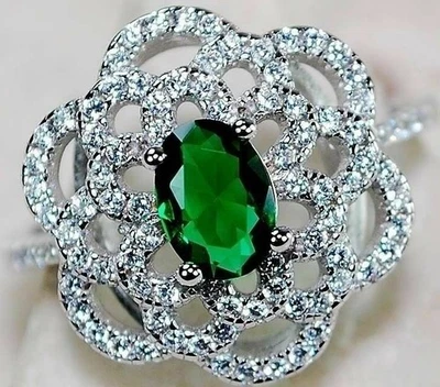  1CT Treated Emerald & Topaz 925 Solid Sterling Silver Ring Jewelry Sz 6 G1-9 - Image 1 of 2
