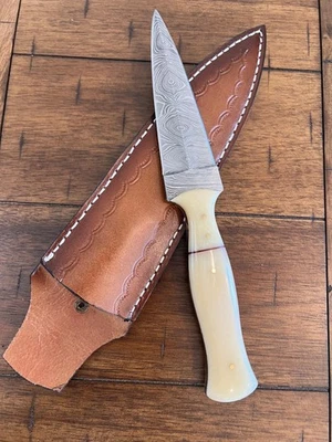 CUSTOM HANDMADE DAMASCUS BONE HANDLE BOOT DAGGER WITH PREMIMUM LEATHER SHEATH - Image 1 of 4