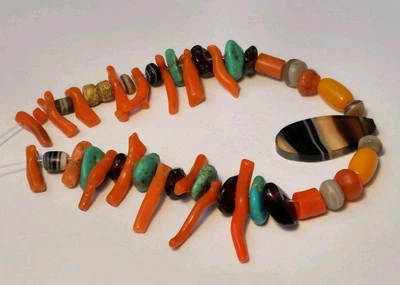 A STRAND OF 45 ANCIENT / ANTIQUE / VINTAGE AGATE, TURQUOISE, CORAL, AMBER BEADS - Image 1 of 4