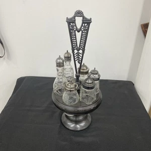 ANTIQUE ORNATE Victorian 6 Bottle Castor Cruet Set Silverplate Stand 18" - Picture 1 of 20