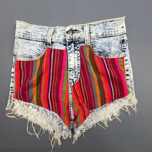 GJG Denim Cutoff Shorts Womens M Serape Fringe High Waisted Acid Washed Indie - Picture 1 of 7