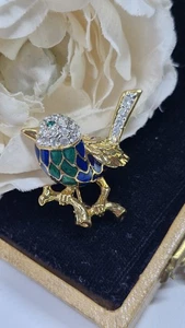 Attwood & Sawyer Bitd Wren Brooch Enamel and Rhinestone Crystal VGC  - Picture 1 of 7