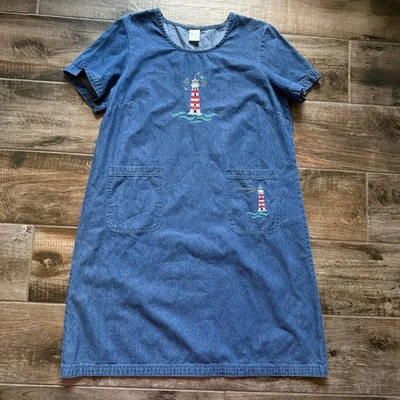 Vestido Vaquero Blair Vintage Bordado Faro Náutico Bolsillo, Azul Rojo, L Foto 1 de 4