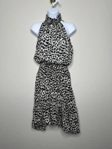 A.L.C. Vestido Cody Estampado Leopardo Seda Mini Negro Blanco Cuello Alto Sin Mangas 2 - Imagen 1 de 8