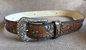 Cinturón de cuero Ariat Tooled turquesa floral estrás en relieve occidental ~ 42" de largo ~ - Imagen 1 de 13