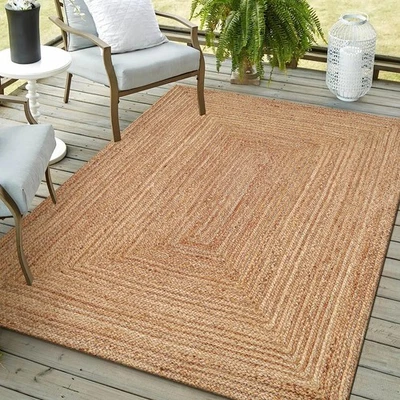 Hand Woven Farmhouse Jute Area Rug 6x9 Ft Round Natural Yarn, Rustic Vintage ... - Image 1 of 4
