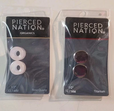 Lote de 2 medidores de joias corporais quartzo rosa titânio 1/2 plugues perfurados Nation novo na embalagem - Imagem 1 de 4