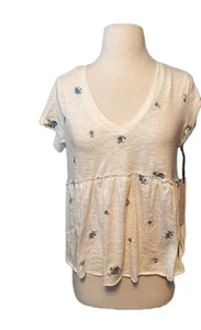 penelope rose Top Damen Plissee Blumen geprägt Swing Saum V-Ausschnitt weiß blau S - Bild 1 von 10