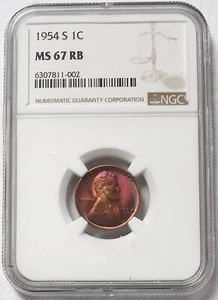 1954 S USA LINCOLN WHEAT CENT COIN NGC MINT STATE 67 RB (INTENSE COLOR) - Picture 1 of 3