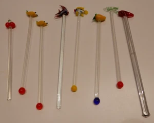 Lot of 8 Glass Swizzle Sticks/Drink Stirrers 2 fish, 2 Banana, 2 Peppers, ect - Picture 1 of 7