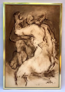 1973 LARGE ABSTRACT PAINTING NUDE LOVERS OIL ON BOARD SIGNED & DATED SATISH 73 - Picture 1 of 11
