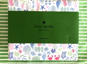 Juego de sábanas Kate Spade Queen conchas marinas castillos de arena vida playa rosa y azul ¡NUEVO! - Imagen 1 de 4