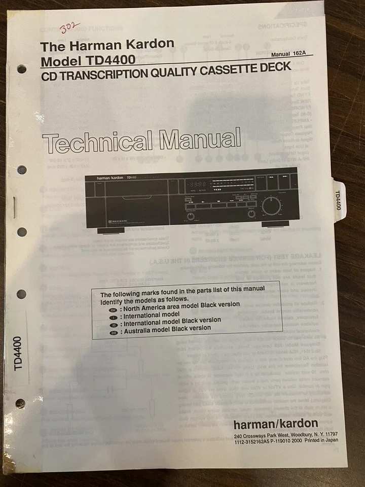 Manual de servicio HARMAN KARDON TD4400 TD-4400 *ORIGINAL* LIBRO O PDF-ENVÍO GRATUITO Foto 1 de 1