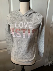 NWT Girls Grey Pink Glitter Love Justice Pull Over Warm Sweater Hoodie 8 - Picture 1 of 4