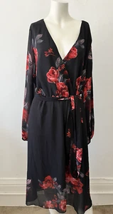 Unbranded Womens 2xl Red Black Gothic Rose Floral V Neck Wrap Belted Midi Dress - Picture 1 of 11