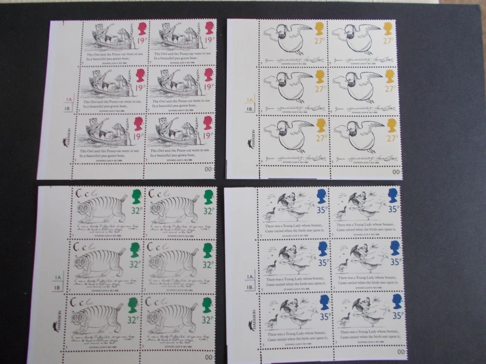 GB 1988 Centenary of Edward Lear's Death Set of 4 in Cylinder Blocks of 6 U/M - Image 1 of 1