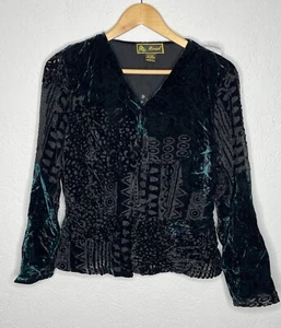Mirasol VTG Velvet Burnout Top/Jacket Sz M Black Green Button Front Whimsigoth - Picture 1 of 11