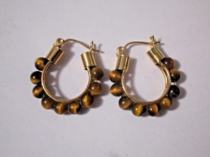 14k Yellow Gold Tiger's Eye 3.5 mm 9 Bead Hoop Earrings with Hinged Backs EC - Picture 1 of 3