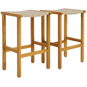 2 Pcs Outdoor Patio Acacia Wood Bar Stool Set w/ Footrest Cozy Rattan Woven Seat - Picture 1 of 9