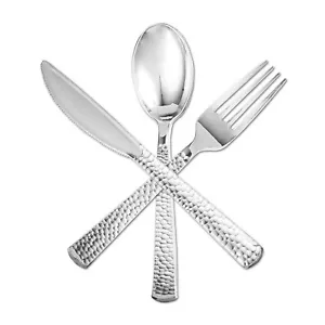 1000 PCS Shiny Silver Hammered Disposable Plastic Cutlery Set - Spoon Fork Knife - Picture 1 of 16