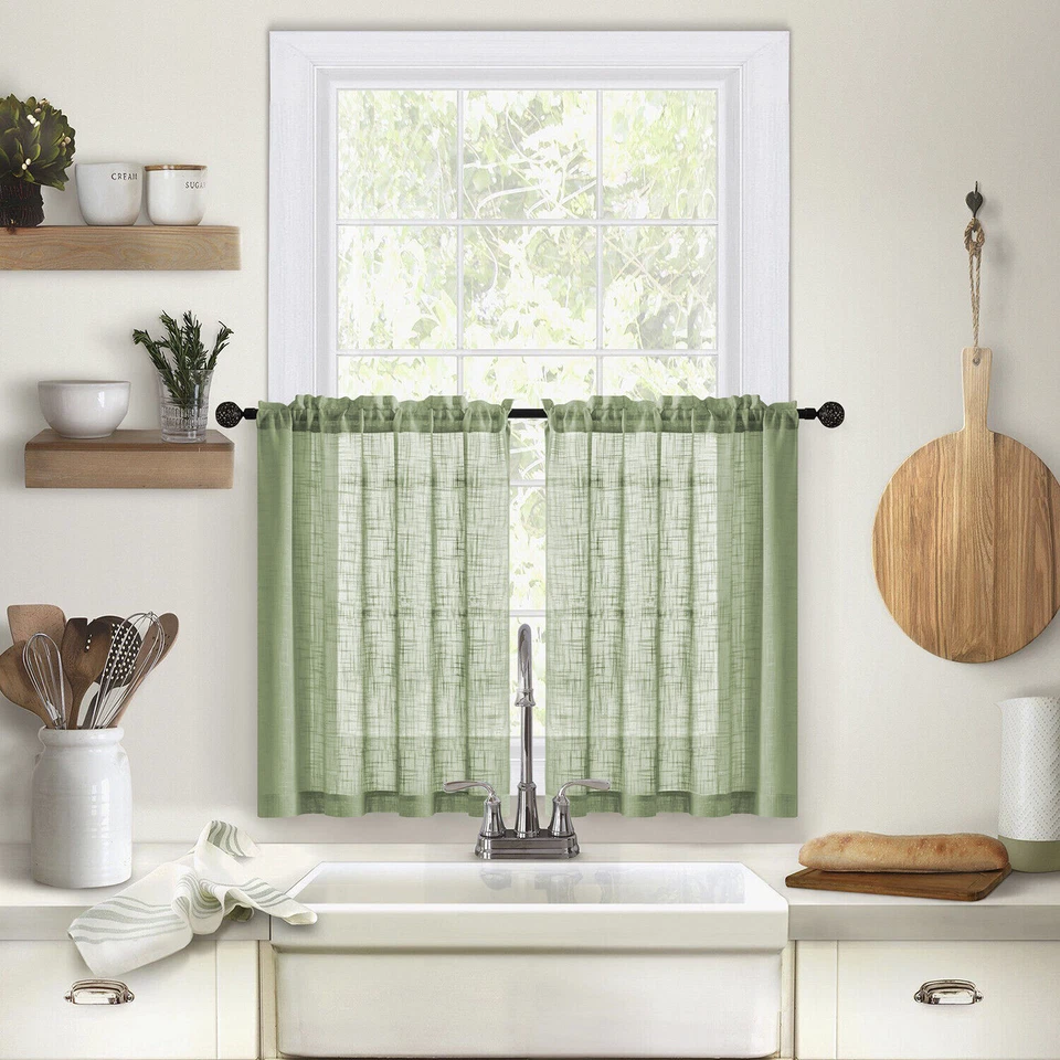 2 Panel Rustic Farmhouse Linen Kitchen Curtain Short Cafe Tiers for Small Window - Image 1 of 4