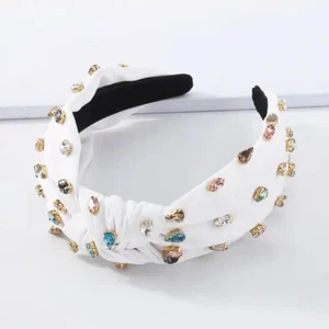 Women’s White Knotted Jeweled Headband Embellished Top Hairband Twist Style - Picture 1 of 1