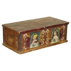 CIRCA 1900 ORIGINAL PAINT ROMANIAN BLANKET CHEST COFFER TRUNK CHILDREN PICTURES - Picture 1 of 17