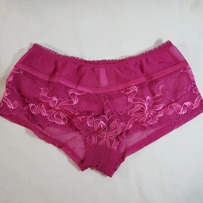 Pantalón Corto Victoria's Secret Boyshort Mediano Magenta Púrpura Encaje Floral Transparente Foto 1 de 4