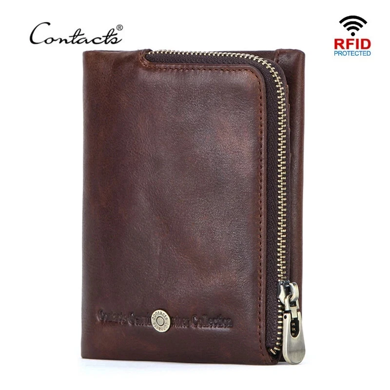 Contacts Men's RFID Oil Wax Leather Wallet Coins Credit Card Holder Purse Bifold - Image 1 of 4