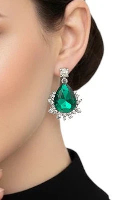 Pendientes de 1,5/8" de largo de cristal verde oscuro estilo europeo boda invitada fiesta Foto 1 de 3