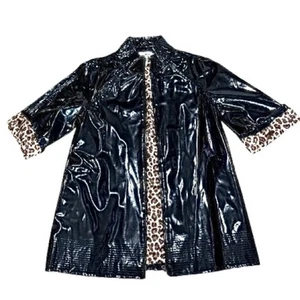 🧥💿 WD·NY Vintage Y2K Black Patent Faux Leather Swing Coat Leopard Satin | 10 - Bild 1 von 7