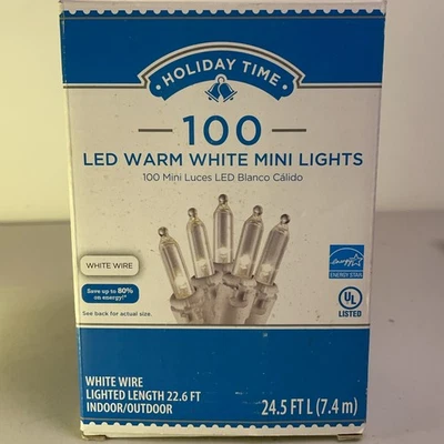 Holiday Time WARM WHITE Mini Christmas Lights 100 Ct 24.5 Ft WHITE WIRE - Image 1 of 4
