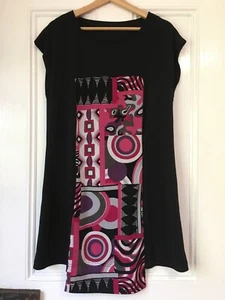 Tessuto size 10-12 Black shift dress pink geometric panel round neck cap sleeves - Picture 1 of 7