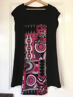 Tessuto size 10-12 Black shift dress pink geometric panel round neck cap sleeves - Image 1 of 4