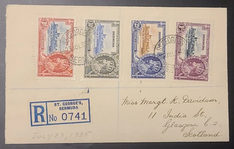 Bermuda 1935 KGV Silver Jubilee Stamp Set on Cover Sc 100-103. SG 94-97 Register Cover